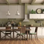 Comment bien éclairer une cuisine en bois foncé ? Une cuisine en bois avec des luminaires au plafond