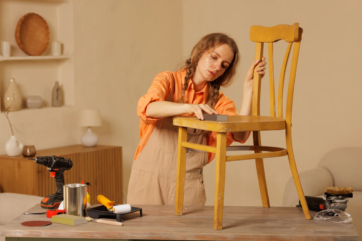 Une femme qui ponce une chaise en bois