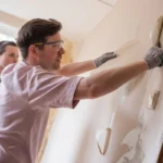 Deux personne qui répare un mur