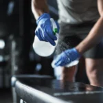 Un homme qui nettoie une surface noire avec un pchitt et un chiffon