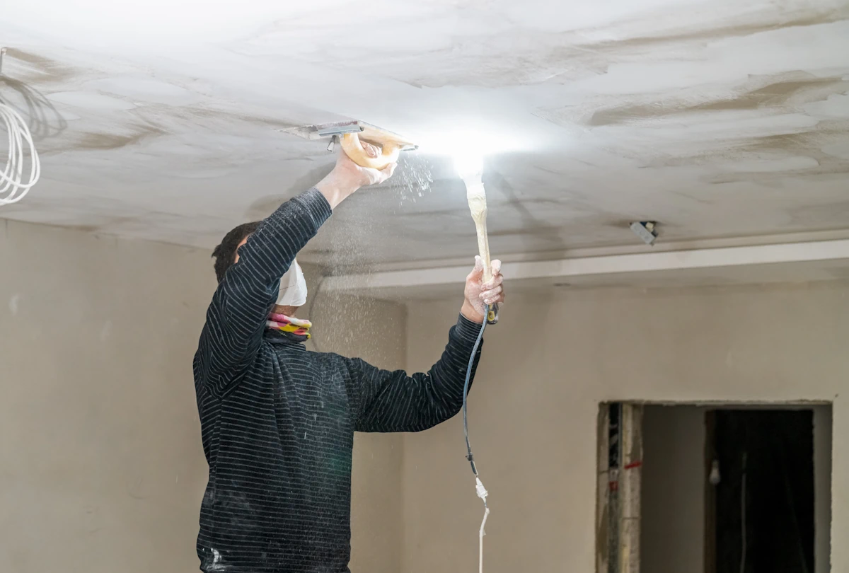Un homme qui prépare un plafond avant la peinture