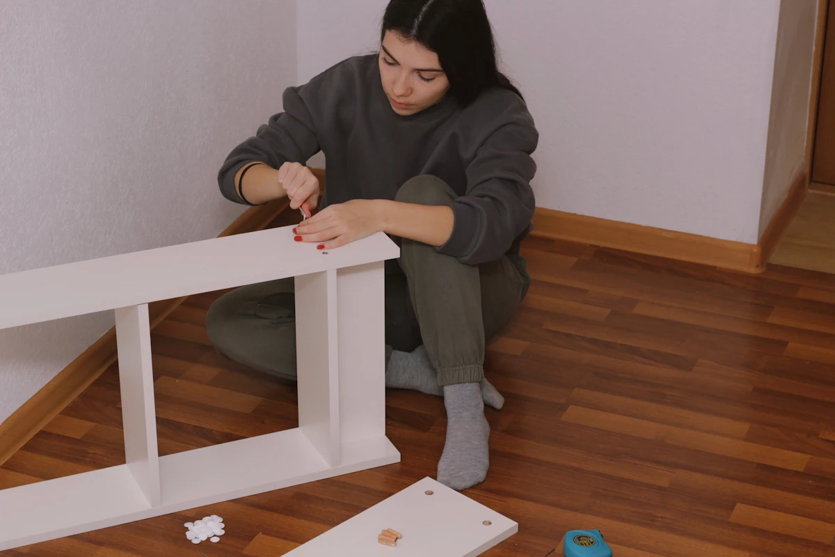 Une femme qui démonte un meuble en bois