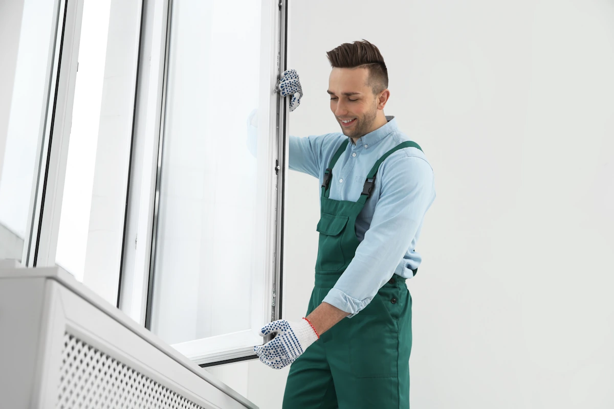 Un artisan qui pose une fenêtre double vitrage